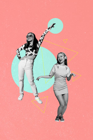 Collage trend artwork composite sketch poster of night party weekend occasion entertainment two young lady headphones listen music danceの写真素材