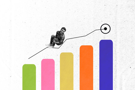 Creative collage artwork showcasing modern graphic design trends with a colorful bar chart and a sitting person illustrationの写真素材
