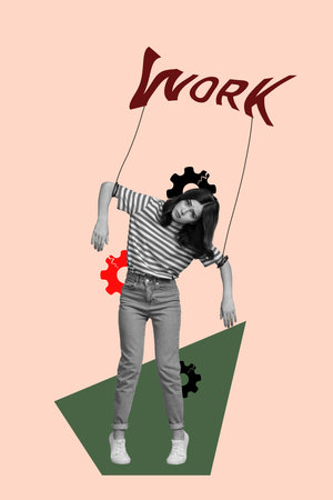 Trend artwork template design 3D collage sketch of job entrepreneur profession employment young lady hand hold rope controlの写真素材