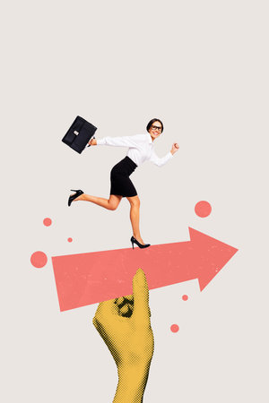 Poster image vertical photo collage of happy businesswoman run arrow development career growth carry briefcase hand hold pointerの写真素材