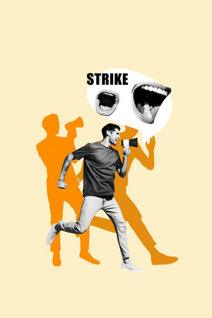 Vertical sketch 3d artwork collage poster of excited happy man run demonstration strike activist...