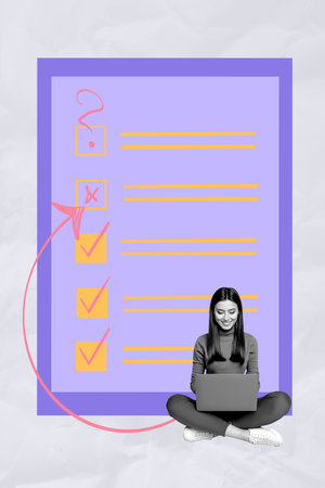 Trend artwork banner sketch 3D photo collage of young lady sit down work laptop task checkbox hr business occupation entrepreneur officeの写真素材