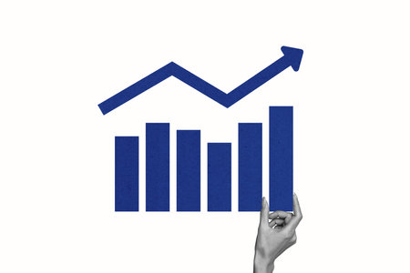 Creative sketch design art abstract collage of hand hold chart statistics development arrow pointer...
