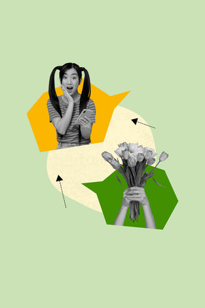 Creative picture collage of young girl use gadget receive present flowers on green color backgroundの写真素材