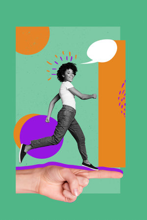 Poster banner collage of young lady speaking textbox run on finger point green backgroundの写真素材