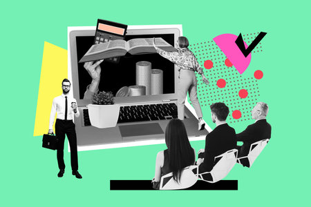 Creative art 3d image collage of happy business girls guys sit workshop presentation calculator count dollar income coin checkmarkの写真素材