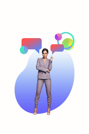 Trend image vertical photo collage of serious girl stand colorful bubble notification wear formal plaid suit speech chatterboxの写真素材