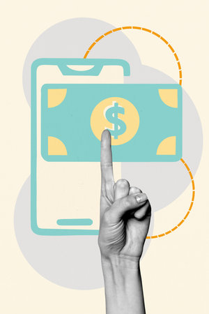 Exclusive artwork banner creative collage of human hand point dollar banknote finance income usd...
