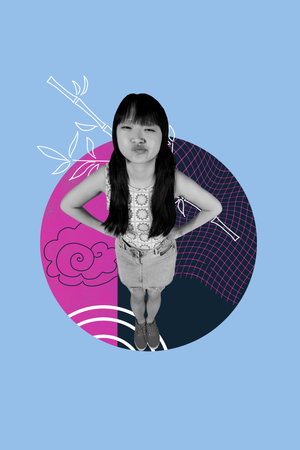 Vertical contemporary photo collage of geisha girl stand vietnam occasion japan pattern oriental ornament bamboo plantの写真素材