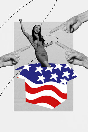 Poster image art vertical photo collage of happy asian girl peek american flag box trade war conflict hands point relationsの写真素材