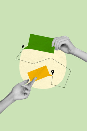 Creative image collage of hand holding message textbox navigation on green color backgroundの写真素材