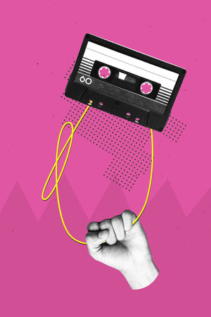 3D collage design composite trend artwork sketch of rest party clubber weekend occasion cassette hand hold line tape retro technologyの写真素材
