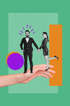 Creative abstract collage of two people lover stand human hand on green backgroundの写真素材