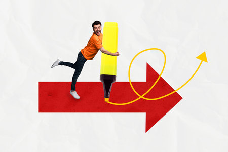 Creative 3D photo collage trend artwork template of young man stand hold highlighter arrow point smile entrepreneur human resources aimの写真素材