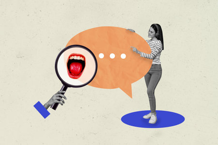 Creative sketch art collage of happy girl listen music headphones point bubble communication mouth scream magnifier lensの写真素材