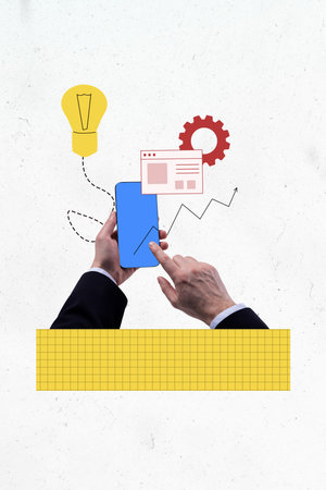 Poster sketch image artwork photo collage of worker hand hold smartphone touch arrow trader lamp idea gear website hr profession businessの写真素材