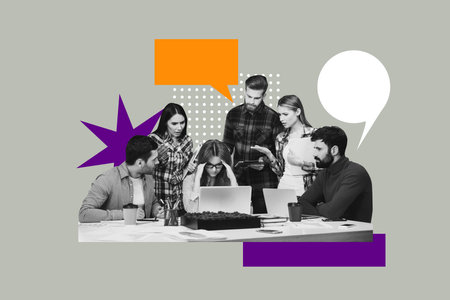 Artwork collage template composite sketch of group team office manager man lady talk speech cloud entrepreneur job worker hiring vacancy
