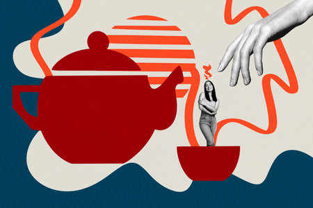 3D collage poster template trend artwork sketch of teapot drink young lady stand cup eastern traditional oriental culture big hand appearの写真素材