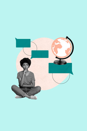 Pop image collage of serious woman sit brainstorming on blue color background with earth speech bubbleの写真素材