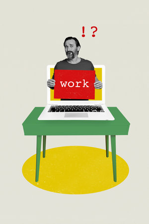 Exclusive artwork banner creative collage of confused man peek laptop screen hold work placard search vacancy unemploymentの写真素材