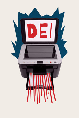 Creative composite sketch design artwork collage of dei printer tool office supplies employment gender different equality inclusive workの写真素材