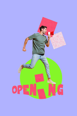 Creative image collage of guy running with bullhorn on text openingの写真素材
