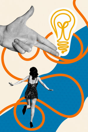 Collage poster template trend artwork sketch of finger gun idea lamp solution mind decision eureka creative young lady walk backの写真素材