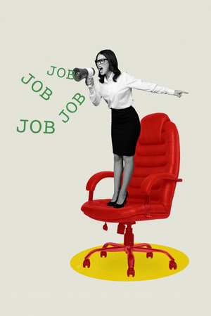 Exclusive artwork banner creative collage of angry businesswoman megaphone stand chair job search unemployment problemの写真素材