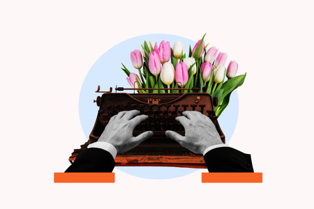 Composite trendy magazine photo collage of writer hands type buttons letter retro typewriter machine tool tulips flower springの写真素材