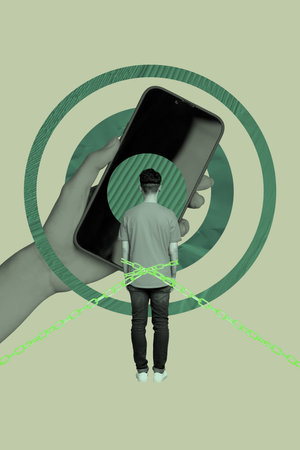 Trend artwork collage template composite of chain control man stand back hand hold smartphone misleading narrative advertisementの写真素材