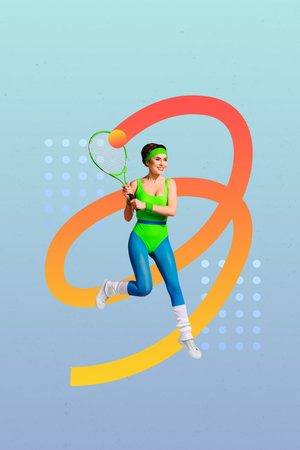Vertical contemporary photo collage of happy pinup girl run ball tennis rocket championship competition ping-pong game playerの写真素材