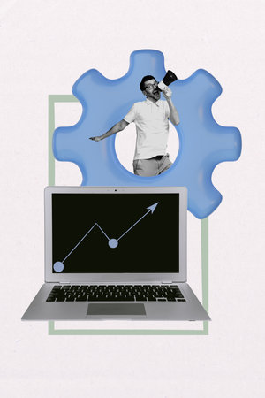 Trend artwork creative sketch 3D collage of young man trader talk megaphone cogwheel computer netbook device online virtual arrow traderの写真素材
