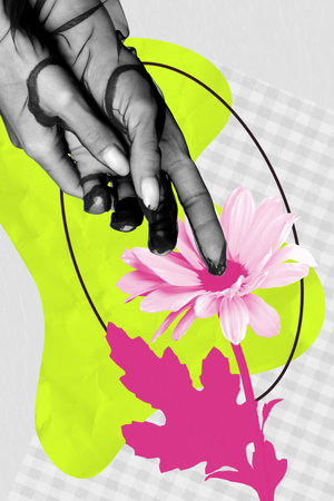 Sketch template design 3D collage composite of international woman day florist season two hands hold together anicure glove daisy flowerの写真素材