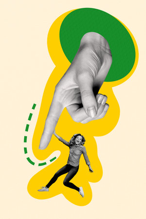 Creative composite sketch design artwork collage of big hand gesture showing body language symbol finger point young lady hand smile happyの写真素材