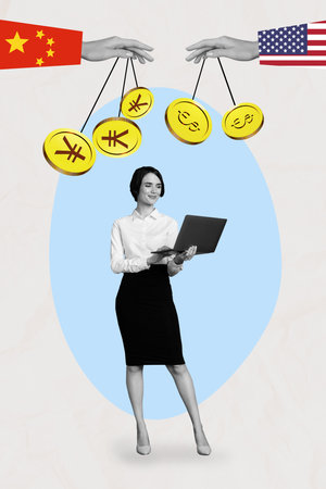 Poster photo vertical collage of happy businesswoman surf laptop hands hold yuan dollar coin trade war conflict economy partnersの写真素材