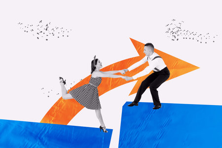 3D collage trend artwork composite sketch poster of young lady man dance together pinup style retro arrow right way showing pointの写真素材