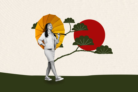 Creative sketch image art collage of happy chinese girl walk park carry umbrella rainy weather fan tree bloom flower imitationの写真素材