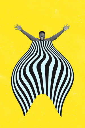 Template sketch image composite collage of african race young man smile head face hands up body striped line black whte yellow backgroundの写真素材