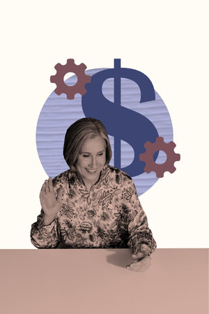 3D collage trend artwork composite sketch poster of portrait aged woman sit dollars savings wealth...