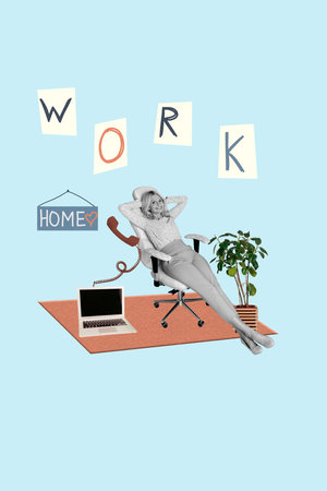 Trend artwork sketch design montage 3D collage of recruitment worker office hiring remote job laptop home aged woman sit armchairの写真素材