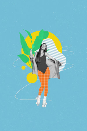 Vertical art banner collage of happy hipster girl dance party hold sweet lollipop candy wear retro roller-skate summer activity hobbyの写真素材