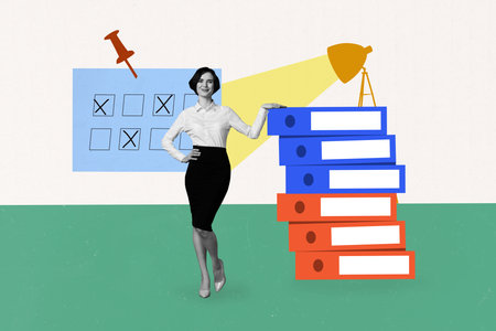Composite trendy magazine photo collage of happy businesswoman stand planner stack illumination lamp ray workload calendar memoの写真素材