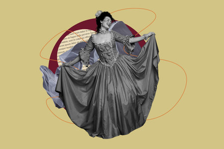 Creative sketch collage of happy duchess girl show fashion prehistoric baroque dress dance party...