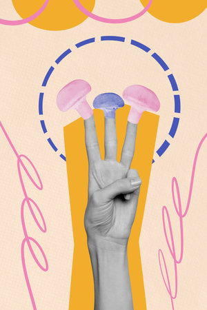 Trend artwork composite 3D photo collage design of symbol hand body language showing gesture three...