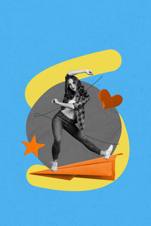 Vertical contemporary photo collage of happy girl dance paper plane flight star reputation feedback like social media conceptの写真素材