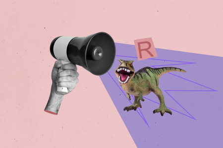 Template collage design trend artwork 3D sketch of loudspeaker attention speech talk wild animal dinosaur toy stand screamの写真素材