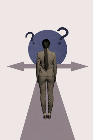 Template collage design trend artwork 3D sketch of young woman stand back choose way arrow point sign road achievement choice questionの写真素材