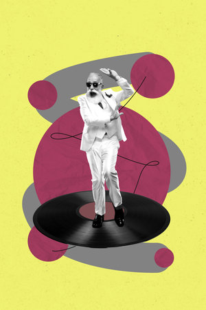 Exclusive image vertical photo collage of happy old man dance weekend party stand vinyl disk record music meloman occasion chillの写真素材