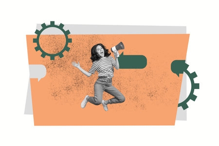 Creative sketch art collage of happy girl strike activist jump promote news bubble communication gearwheel optimization riotの写真素材