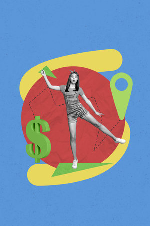 Poster banner collage of young woman moving reach hand on blue color background with dollar sign geo locationの写真素材